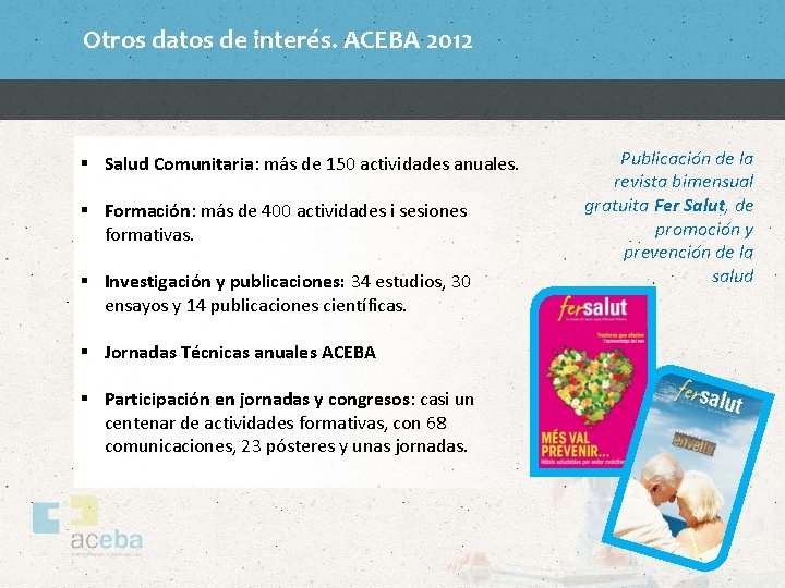 Otros datos de interés. ACEBA 2012 § Salud Comunitaria: más de 150 actividades anuales.