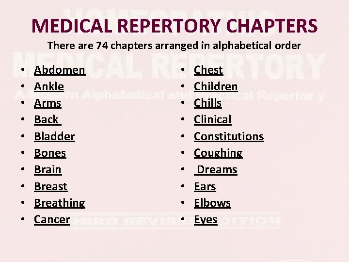 MEDICAL REPERTORY CHAPTERS There are 74 chapters arranged in alphabetical order • • • MEDICAL REPERTORY CHAPTERS There are 74 chapters arranged in alphabetical order • • •