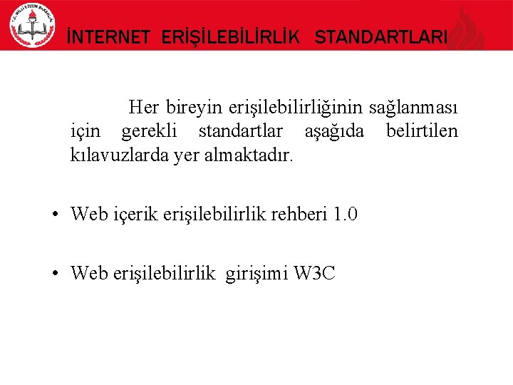İNTERNET ERİŞİLEBİLİRLİK STANDARTLARI Her bireyin erişilebilirliğinin sağlanması için gerekli standartlar aşağıda belirtilen kılavuzlarda yer