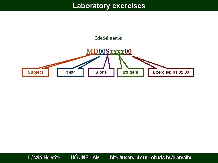 Laboratory exercises Model name: MD 00 Sxxxx 00 Subject László Horváth Year S or