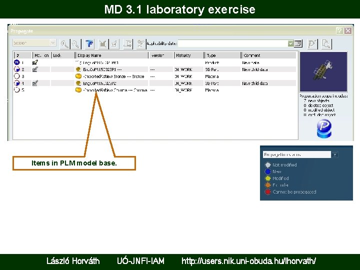 MD 3. 1 laboratory exercise Items in PLM model base. László Horváth UÓ-JNFI-IAM http: