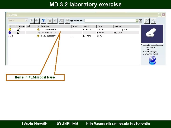 MD 3. 2 laboratory exercise Items in PLM model base. László Horváth UÓ-JNFI-IAM http: