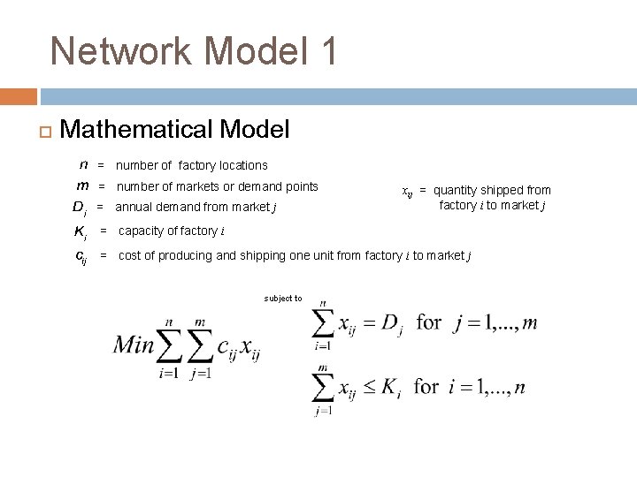 Network Model 1 Mathematical Model = number of factory locations = number of markets