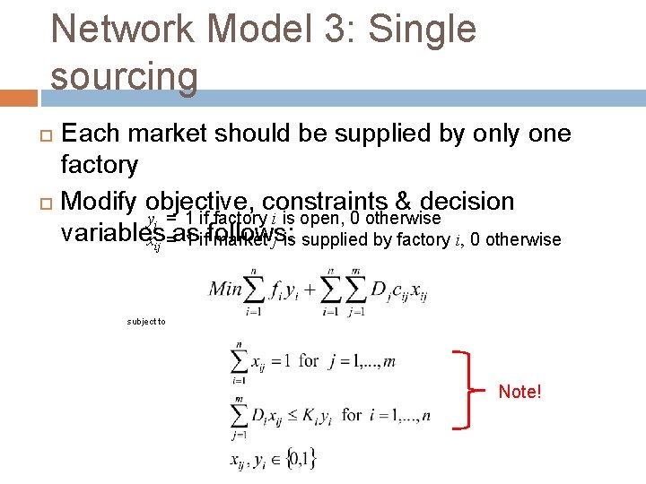 Network Model 3: Single sourcing Each market should be supplied by only one factory