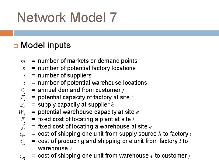 Network Model 7 Model inputs m n l t Dj Ki Sh We Fi