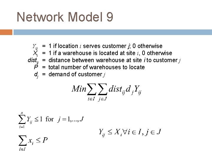 Network Model 9 Yij Xi distij P dj = = = 1 if location