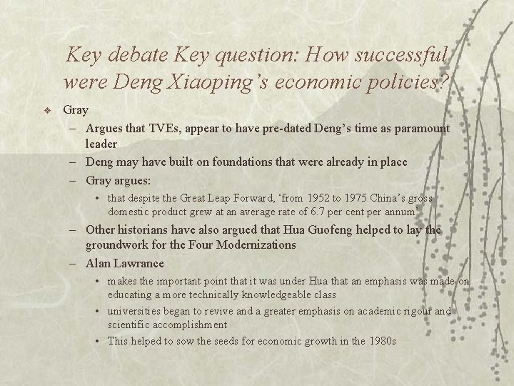 Key debate Key question: How successful were Deng Xiaoping’s economic policies? v Gray –