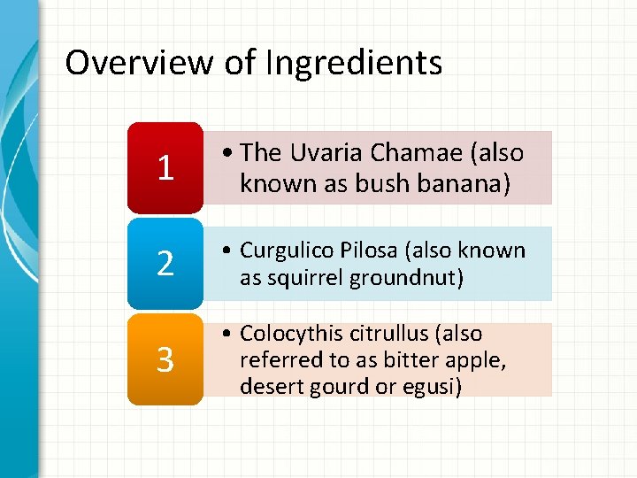 Overview of Ingredients 1 • The Uvaria Chamae (also known as bush banana) 2