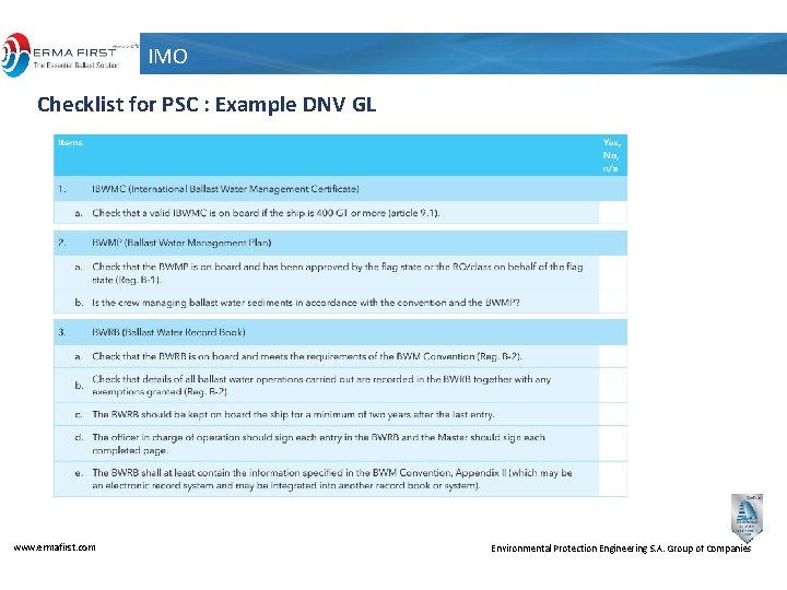 IMO Checklist for PSC : Example DNV GL www. ermafirst. com Environmental Protection Engineering