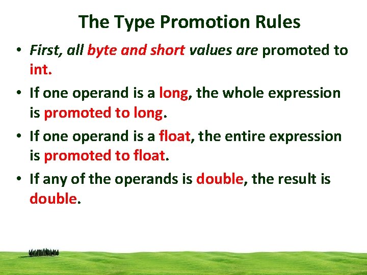 The Type Promotion Rules • First, all byte and short values are promoted to