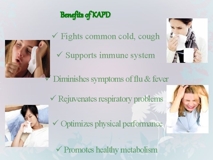 Benefits of KAPD ü Fights common cold, cough ü Supports immune system ü Diminishes