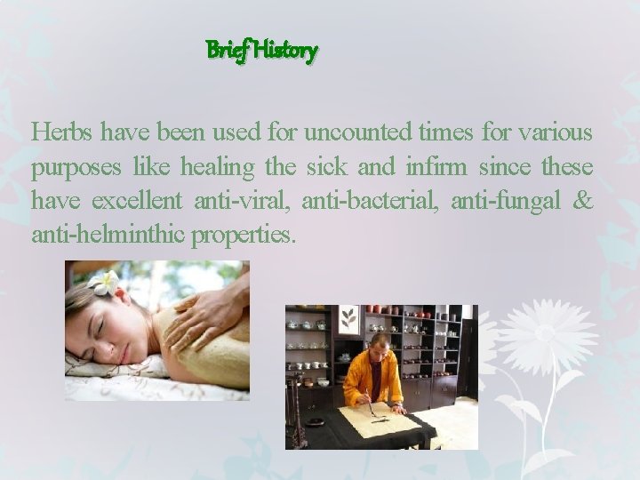 Brief History Herbs have been used for uncounted times for various purposes like healing