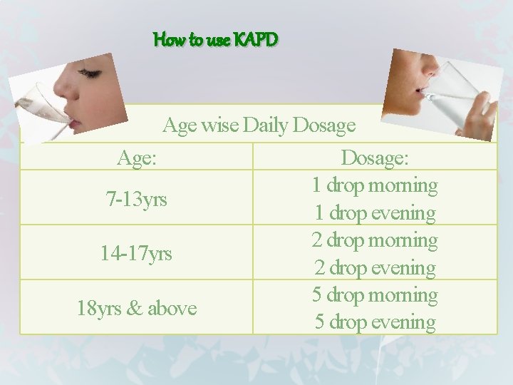 How to use KAPD Age wise Daily Dosage Age: Dosage: 1 drop morning 7