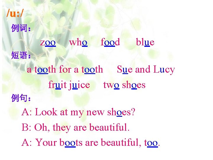 /u: / 例词： zoo who food blue 短语： a tooth for a tooth Sue