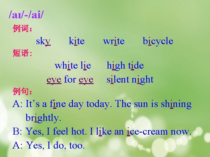 /aɪ/-/ai/ 例词： sky kite write bicycle 短语: white lie eye for eye high tide