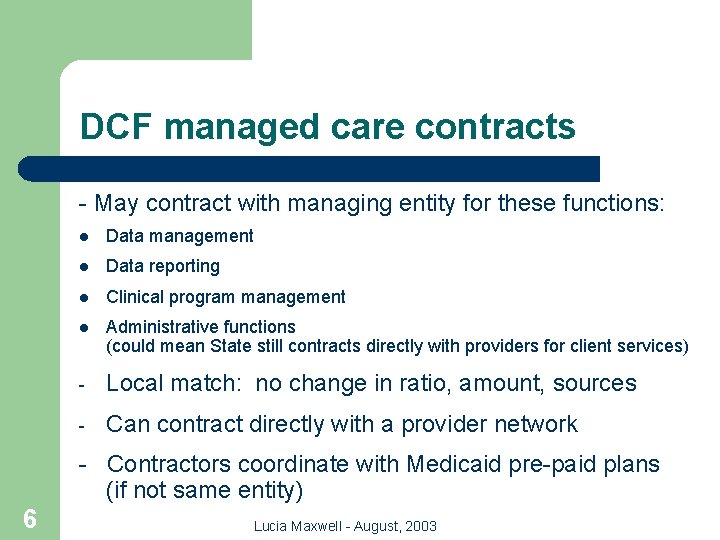DCF managed care contracts - May contract with managing entity for these functions: l