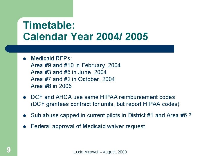 Timetable: Calendar Year 2004/ 2005 9 l Medicaid RFPs: Area #9 and #10 in