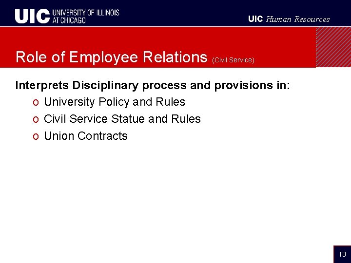 UIC Human Resources Role of Employee Relations (Civil Service) Interprets Disciplinary process and provisions