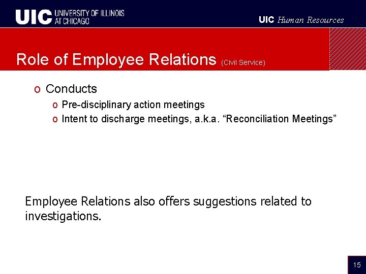 UIC Human Resources Role of Employee Relations (Civil Service) o Conducts o Pre-disciplinary action