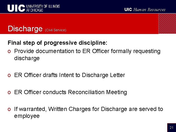 UIC Human Resources Discharge (Civil Service) Final step of progressive discipline: o Provide documentation