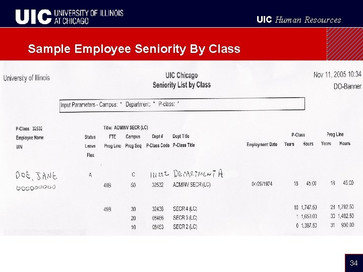 UIC Human Resources Sample Employee Seniority By Class 34 