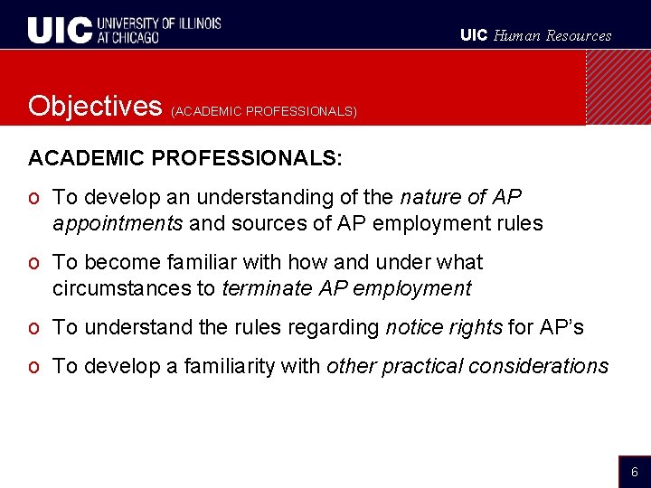 UIC Human Resources Objectives (ACADEMIC PROFESSIONALS) ACADEMIC PROFESSIONALS: o To develop an understanding of