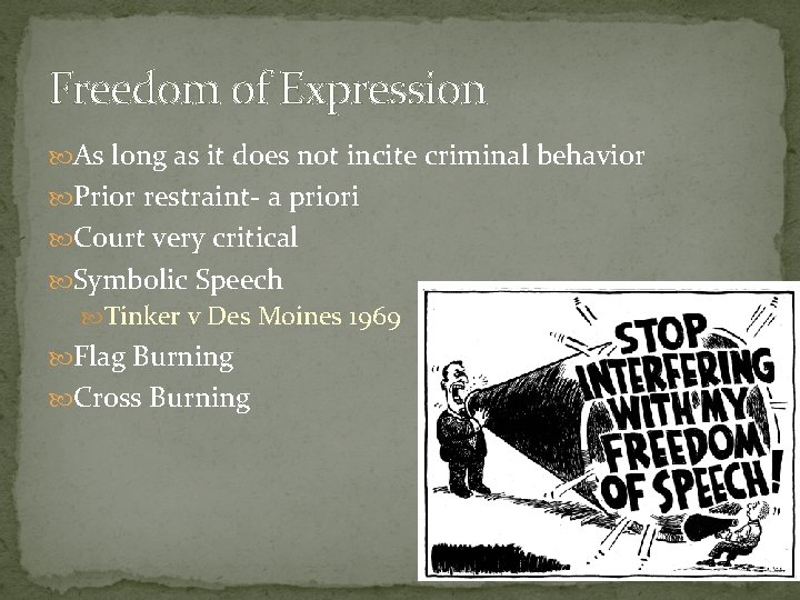 Freedom of Expression As long as it does not incite criminal behavior Prior restraint-