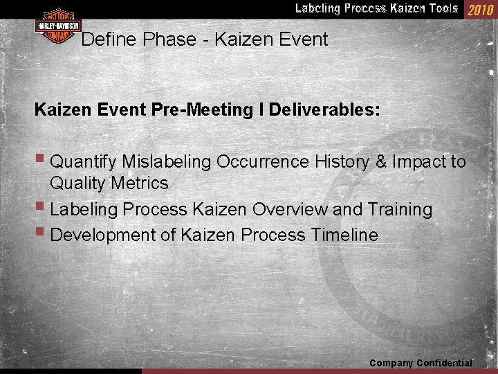 Define Phase - Kaizen Event Pre-Meeting I Deliverables: § Quantify Mislabeling Occurrence History &
