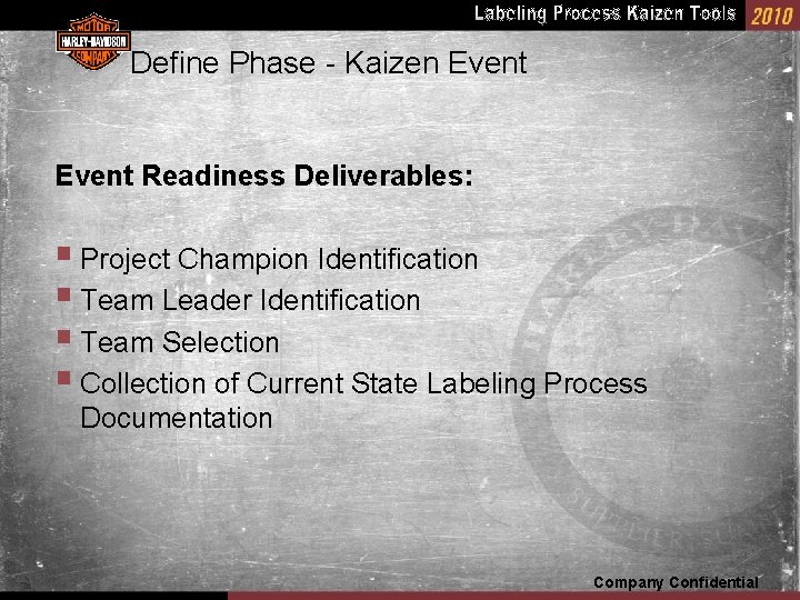 Define Phase - Kaizen Event Readiness Deliverables: § Project Champion Identification § Team Leader
