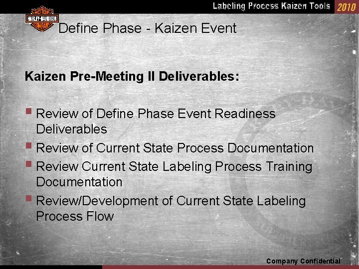 Define Phase - Kaizen Event Kaizen Pre-Meeting II Deliverables: § Review of Define Phase