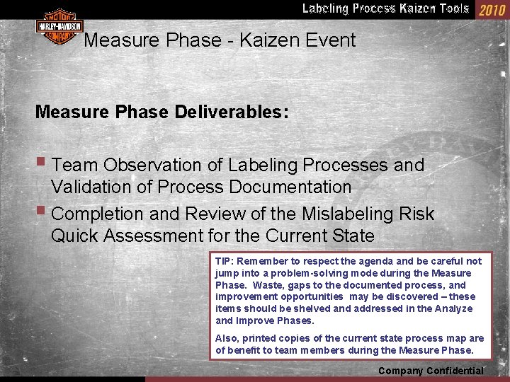 Measure Phase - Kaizen Event Measure Phase Deliverables: § Team Observation of Labeling Processes
