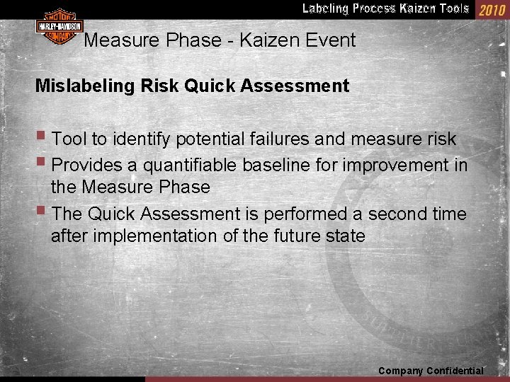 Measure Phase - Kaizen Event Mislabeling Risk Quick Assessment § Tool to identify potential