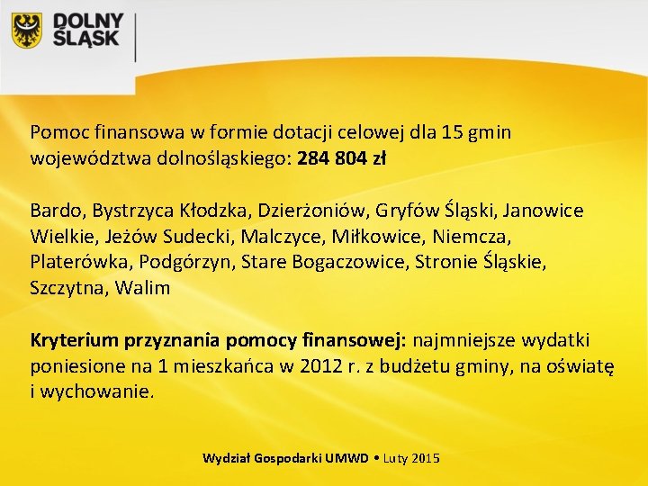 Pomoc finansowa w formie dotacji celowej dla 15 gmin województwa dolnośląskiego: 284 804 zł