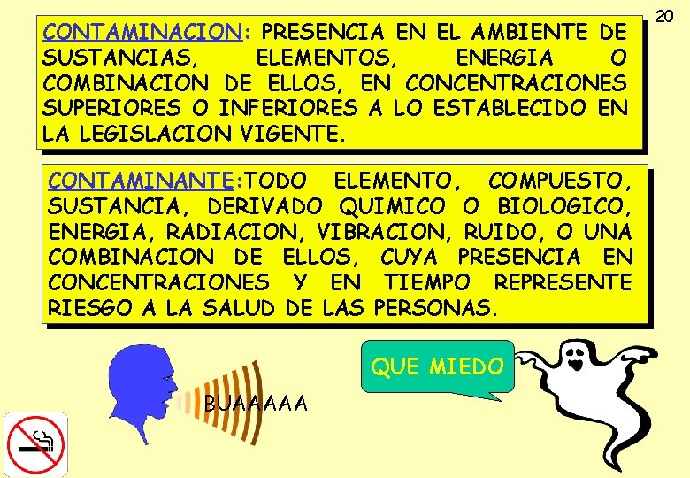 CONTAMINACION: PRESENCIA EN EL AMBIENTE DE SUSTANCIAS, ELEMENTOS, ENERGIA O COMBINACION DE ELLOS, EN