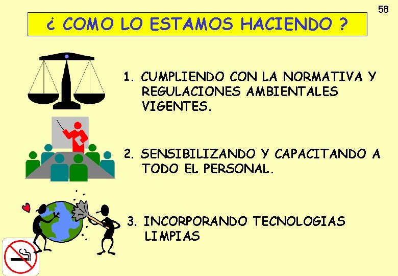 ¿ COMO LO ESTAMOS HACIENDO ? 58 1. CUMPLIENDO CON LA NORMATIVA Y REGULACIONES