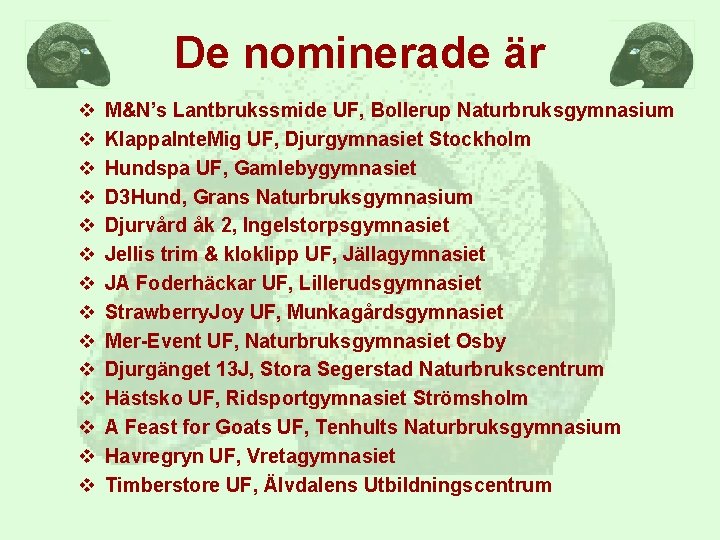 De nominerade är v v v v M&N’s Lantbrukssmide UF, Bollerup Naturbruksgymnasium Klappa. Inte.