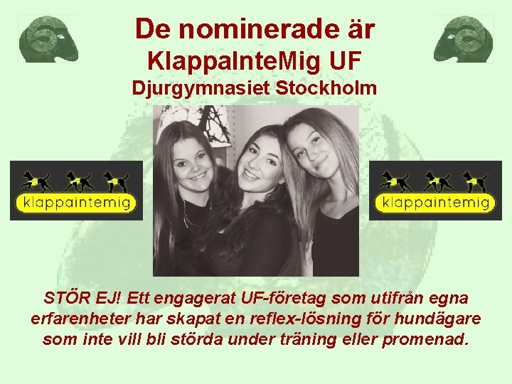 De nominerade är Klappa. Inte. Mig UF Djurgymnasiet Stockholm STÖR EJ! Ett engagerat UF-företag