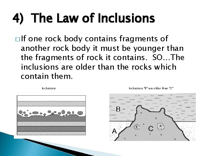 4) The Law of Inclusions � If one rock body contains fragments of another