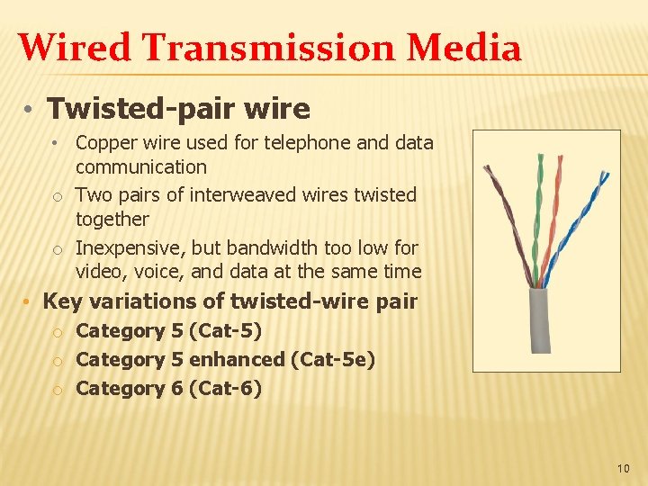 Wired Transmission Media • Twisted-pair wire • Copper wire used for telephone and data