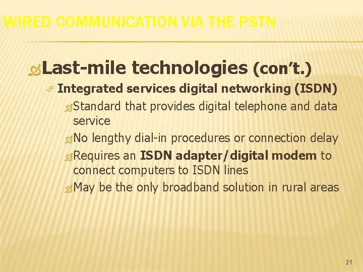 WIRED COMMUNICATION VIA THE PSTN Last-mile technologies (con’t. ) Integrated services digital networking (ISDN)