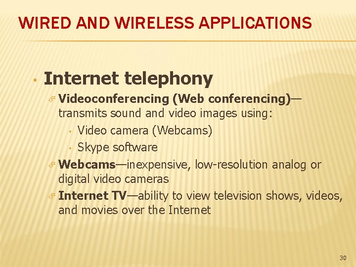 WIRED AND WIRELESS APPLICATIONS • Internet telephony Videoconferencing (Web conferencing)— transmits sound and video