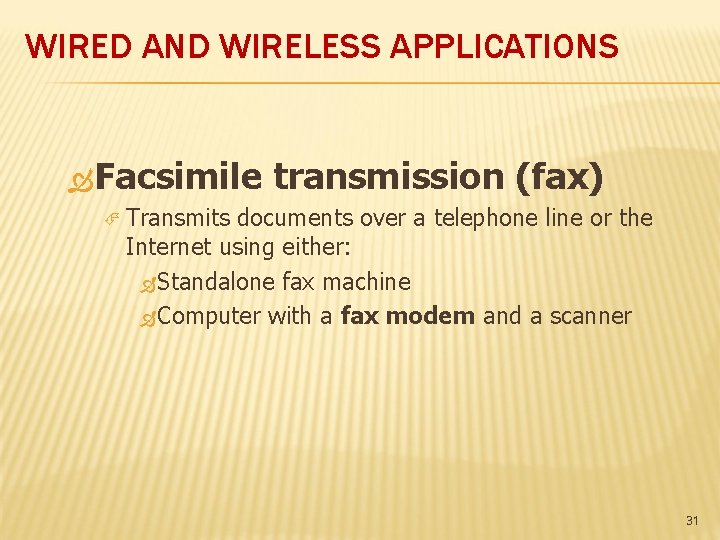 WIRED AND WIRELESS APPLICATIONS Facsimile transmission (fax) Transmits documents over a telephone line or