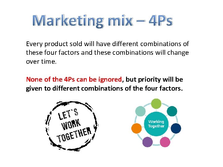 Marketing mix – 4 Ps Every product sold will have different combinations of these