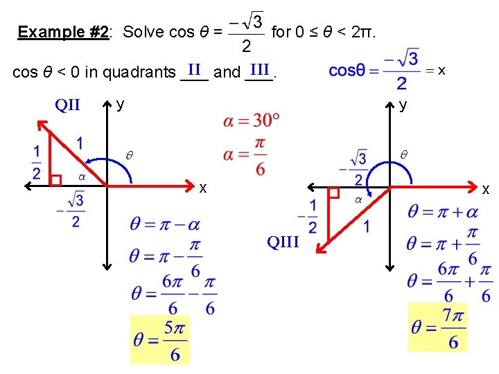 Example #2: Solve cos θ = for 0 ≤ θ < 2π. II and