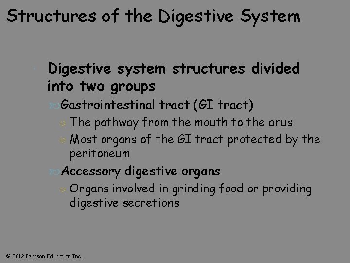 Structures of the Digestive System Digestive system structures divided into two groups Gastrointestinal tract
