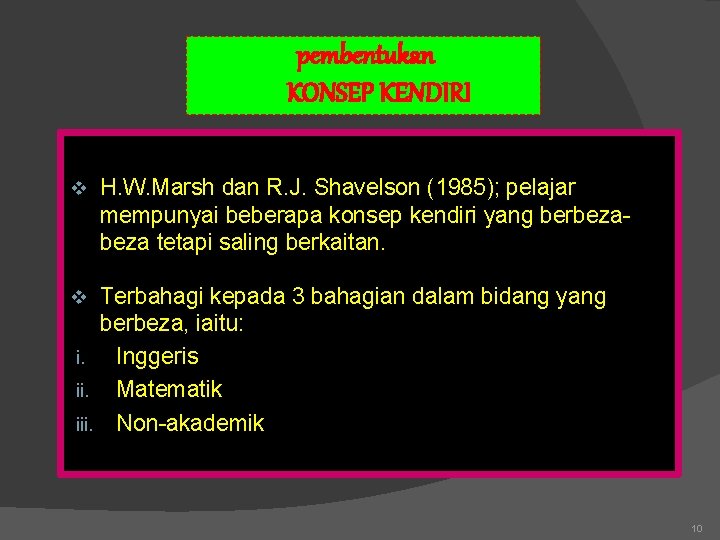 pembentukan KONSEP KENDIRI v H. W. Marsh dan R. J. Shavelson (1985); pelajar mempunyai