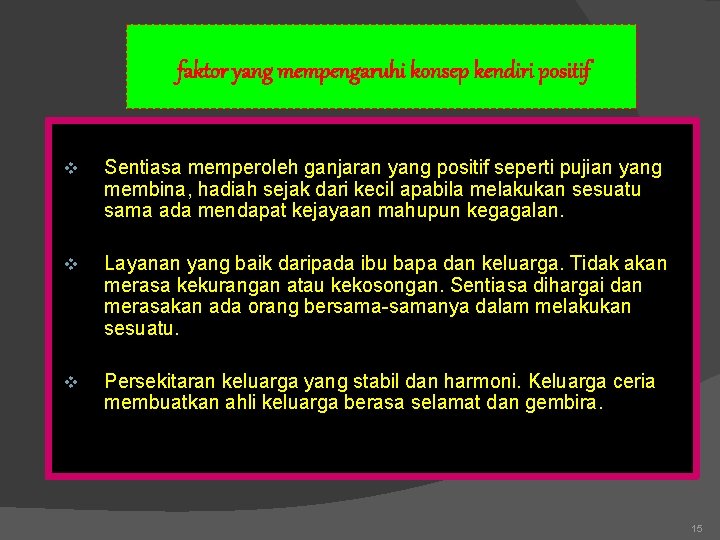 faktor yang mempengaruhi konsep kendiri positif v Sentiasa memperoleh ganjaran yang positif seperti pujian