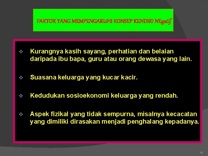 FAKTOR YANG MEMPENGARUHI KONSEP KENDIRI NEgatif v Kurangnya kasih sayang, perhatian dan belaian daripada