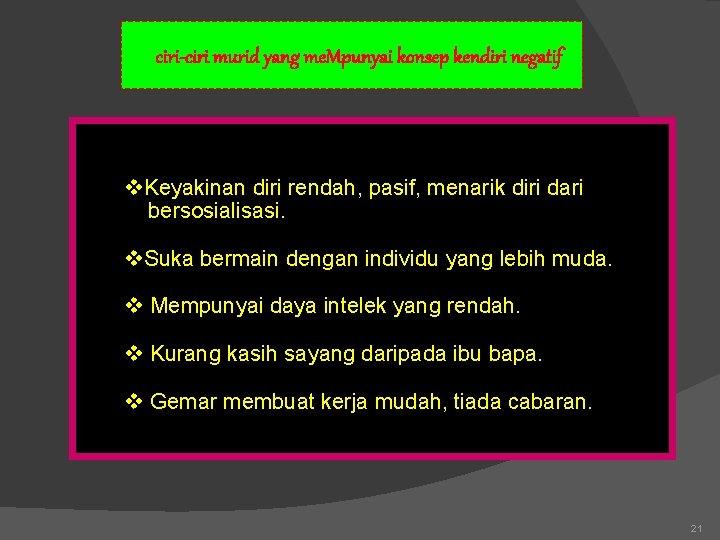 ciri-ciri murid yang me. Mpunyai konsep kendiri negatif v. Keyakinan diri rendah, pasif, menarik