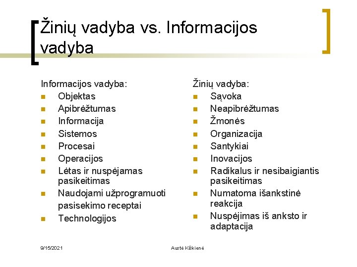 Žinių vadyba vs. Informacijos vadyba: n Objektas n Apibrėžtumas n Informacija n Sistemos n